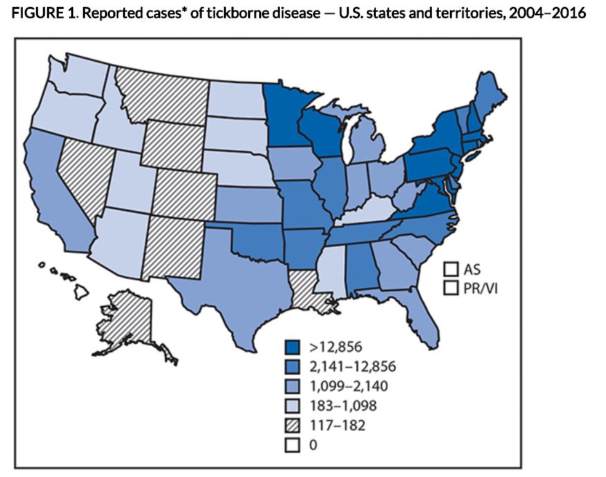 CDC map, tick-borne diseases in US