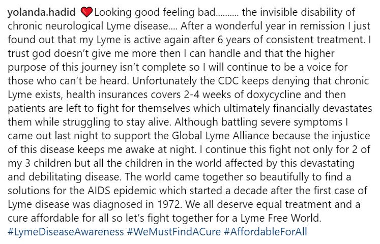 Yolanda's Instagram post about Lyme relapse